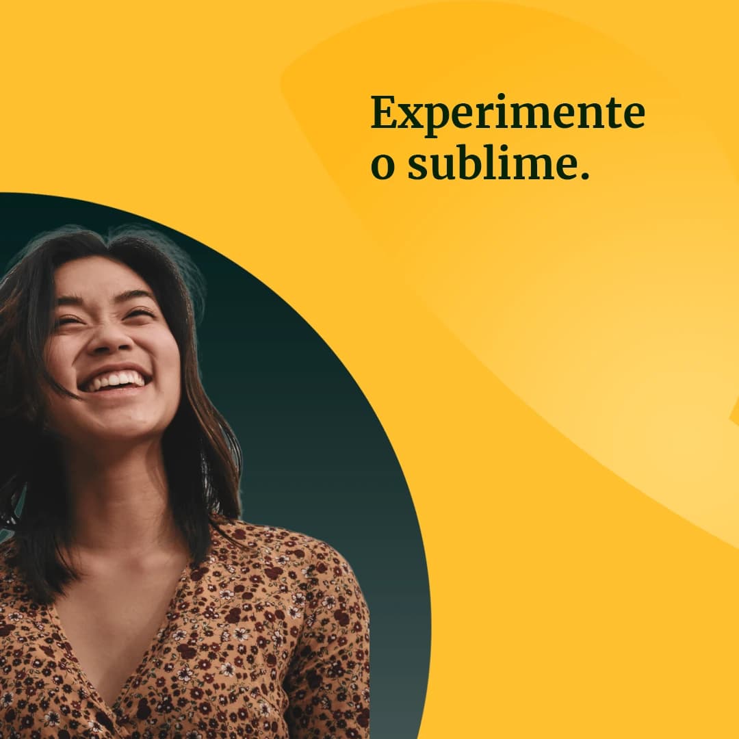 Composição gráfica da Sublime Mel com fotografia e a mensagem 'Experimente o sublime.' nas cores institucionais.